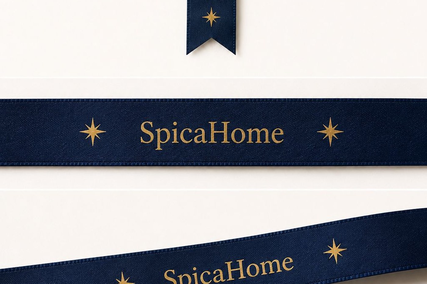 Navy SpicaHome satin ribbons with gold lettering